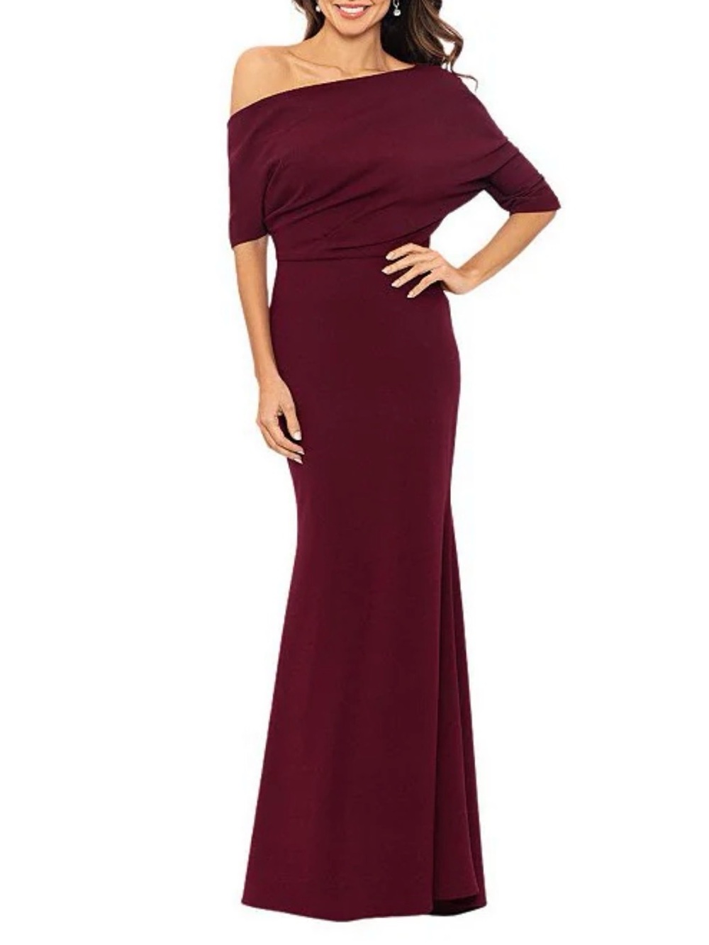 Betsy & Adam Off-Shoulder Subs Crepe Burgundy Evening Gown with Short Sleeve
